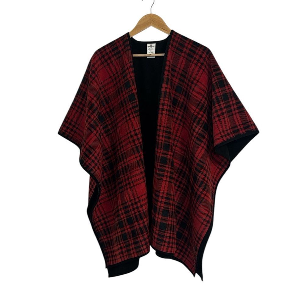 Woolrich Red and Black Plaid Reversible Open Poncho
